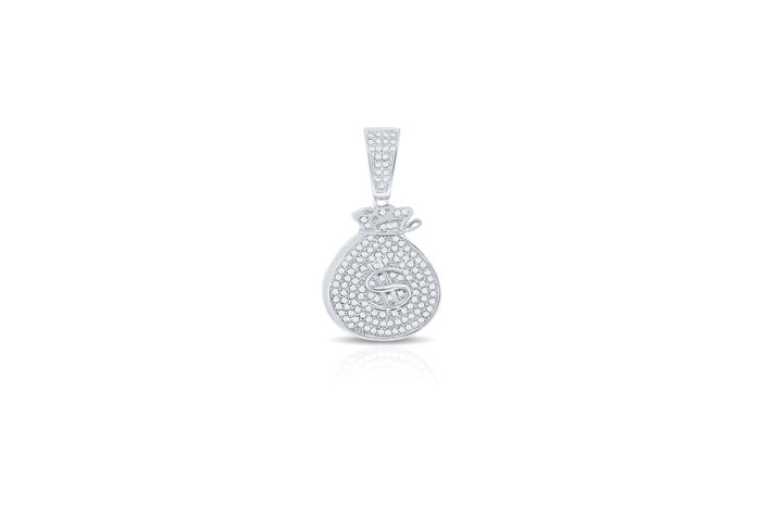 Money Bag CZ Charm Pendant - 925 Sterling Silver - Rhodium Plated