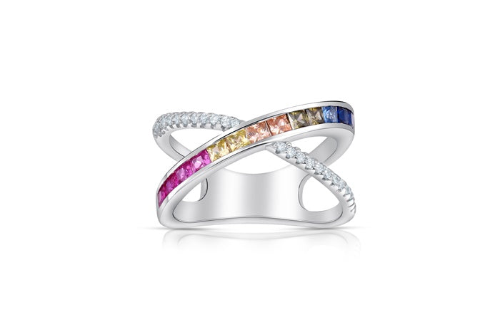 Rainbow Eternity Band Ring - 925 Sterling Silver - Rhodium Plated