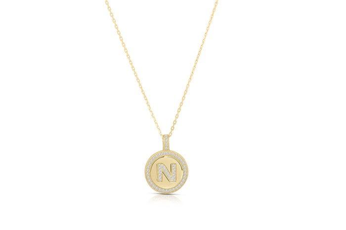 Cz Disc Initial Charm Pendant - 925 Sterling Silver - Gold Plated