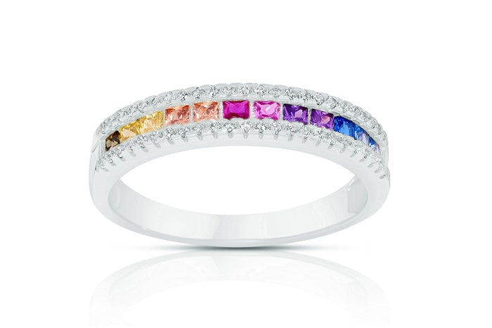 Rainbow Eternity Band Ring - 925 Sterling Silver - Rhodium Plated