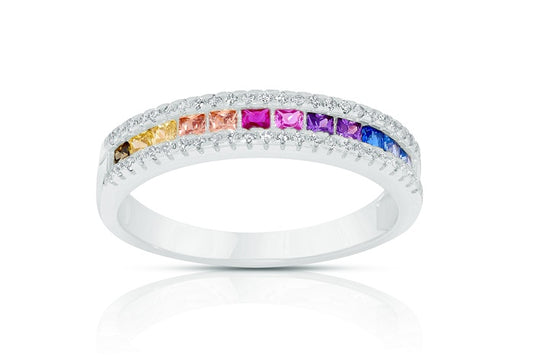 Rainbow Eternity Band Ring - 925 Sterling Silver - Rhodium Plated