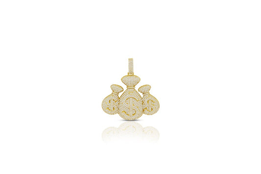 Triple Money Bag CZ Charm Pendant - 925 Sterling Silver - Gold Plated