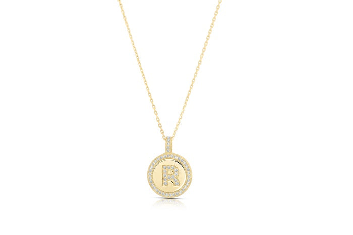 Cz Disc Initial Charm Pendant - 925 Sterling Silver - Gold Plated