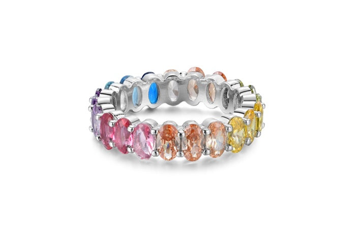 Rainbow Eternity Band Ring - 925 Sterling Silver - Rhodium Plated