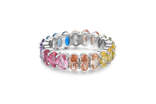 Rainbow Eternity Band Ring - 925 Sterling Silver - Rhodium Plated