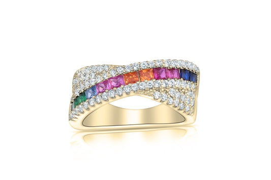 Rainbow Eternity Band Ring - 925 Sterling Silver - Gold Plated
