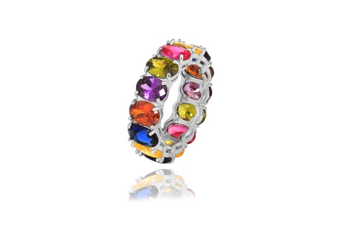 Rainbow Eternity Band Ring - 925 Sterling Silver - Rhodium Plated
