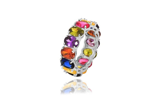 Rainbow Eternity Band Ring - 925 Sterling Silver - Rhodium Plated