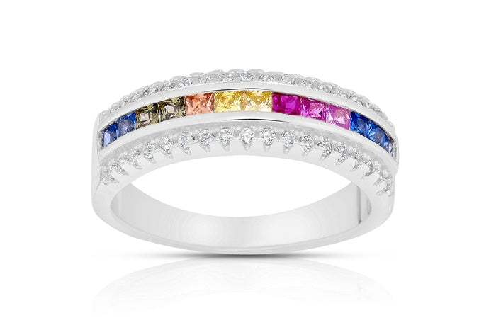 Rainbow Eternity Band Ring - 925 Sterling Silver - Rhodium Plated