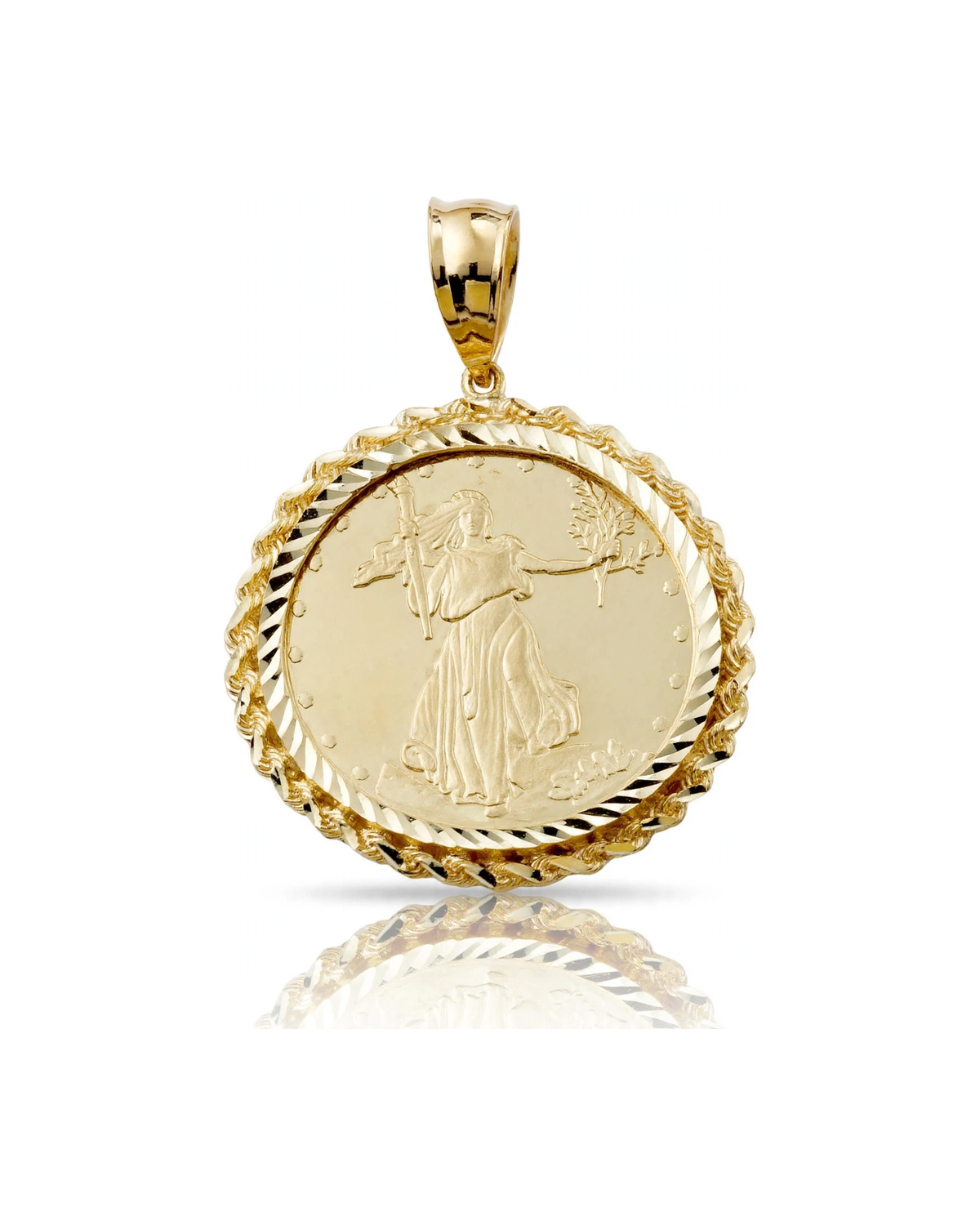 Lady Liberty Coin Pendant with Rope Frame - 10K Yellow Gold