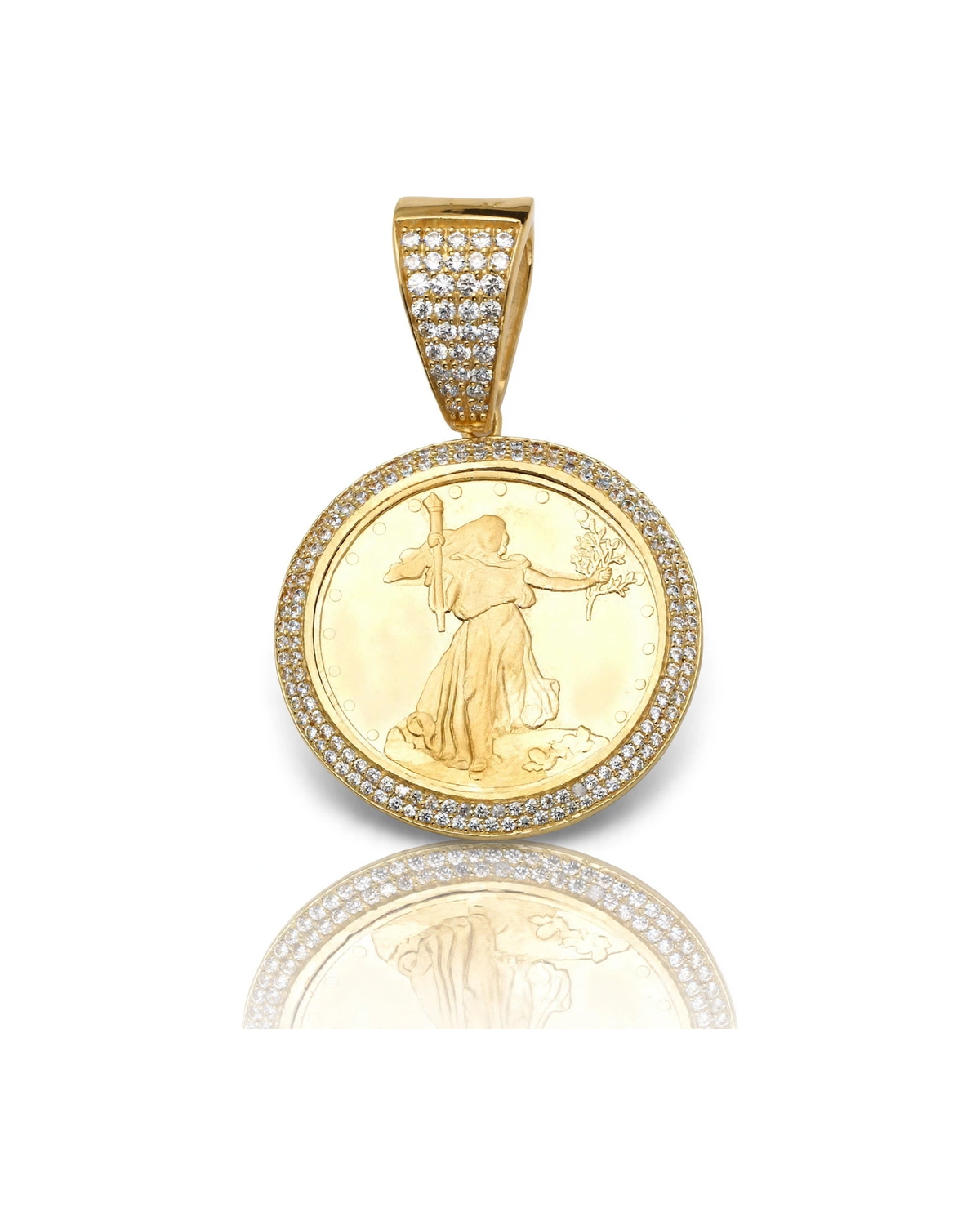 Liberty Coin Medallion Pendant with CZ Halo and Pavé Bail - 10K Gold