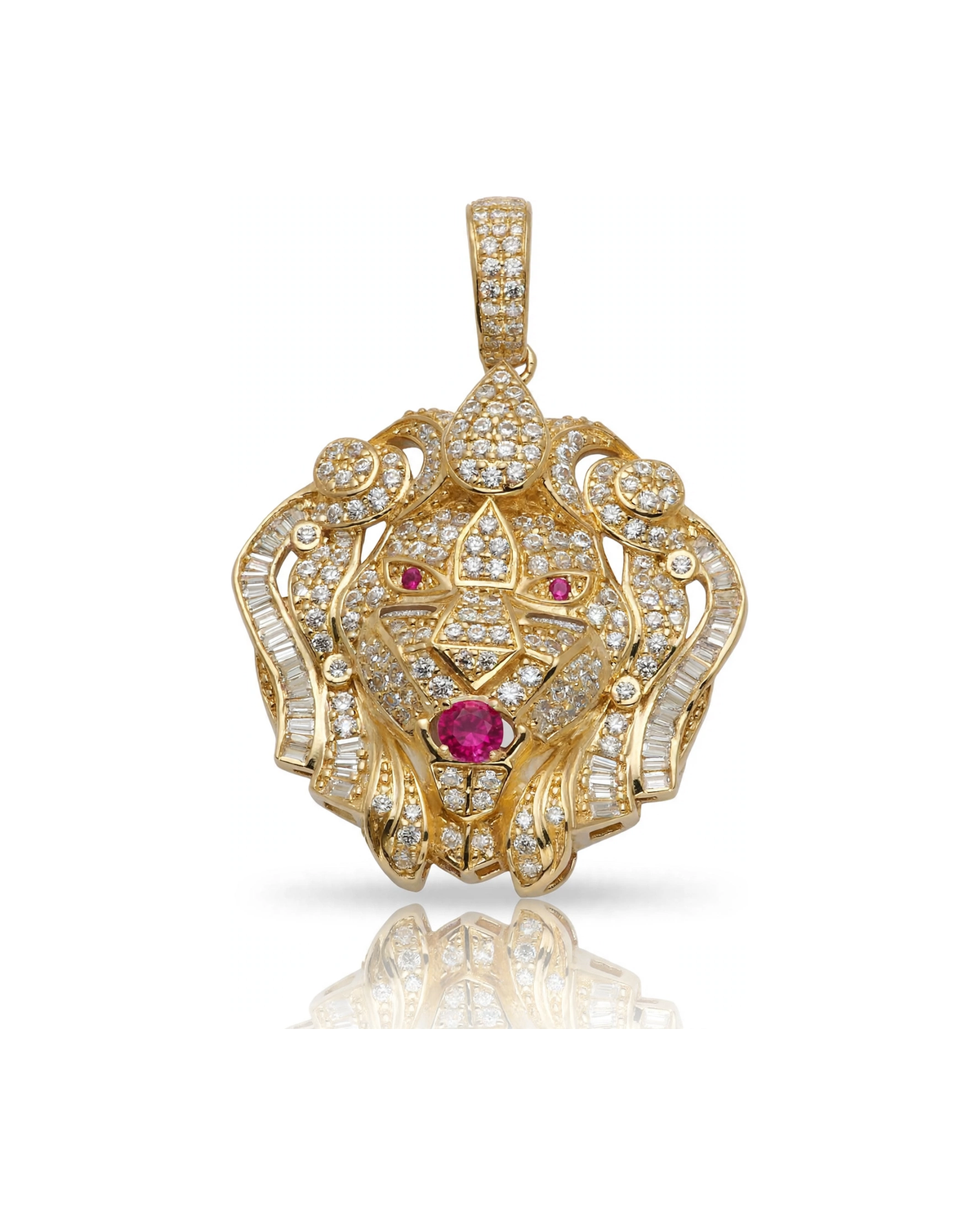 Lion Face Pendant with Baguette CZ and Red CZ Eyes - 10K Gold