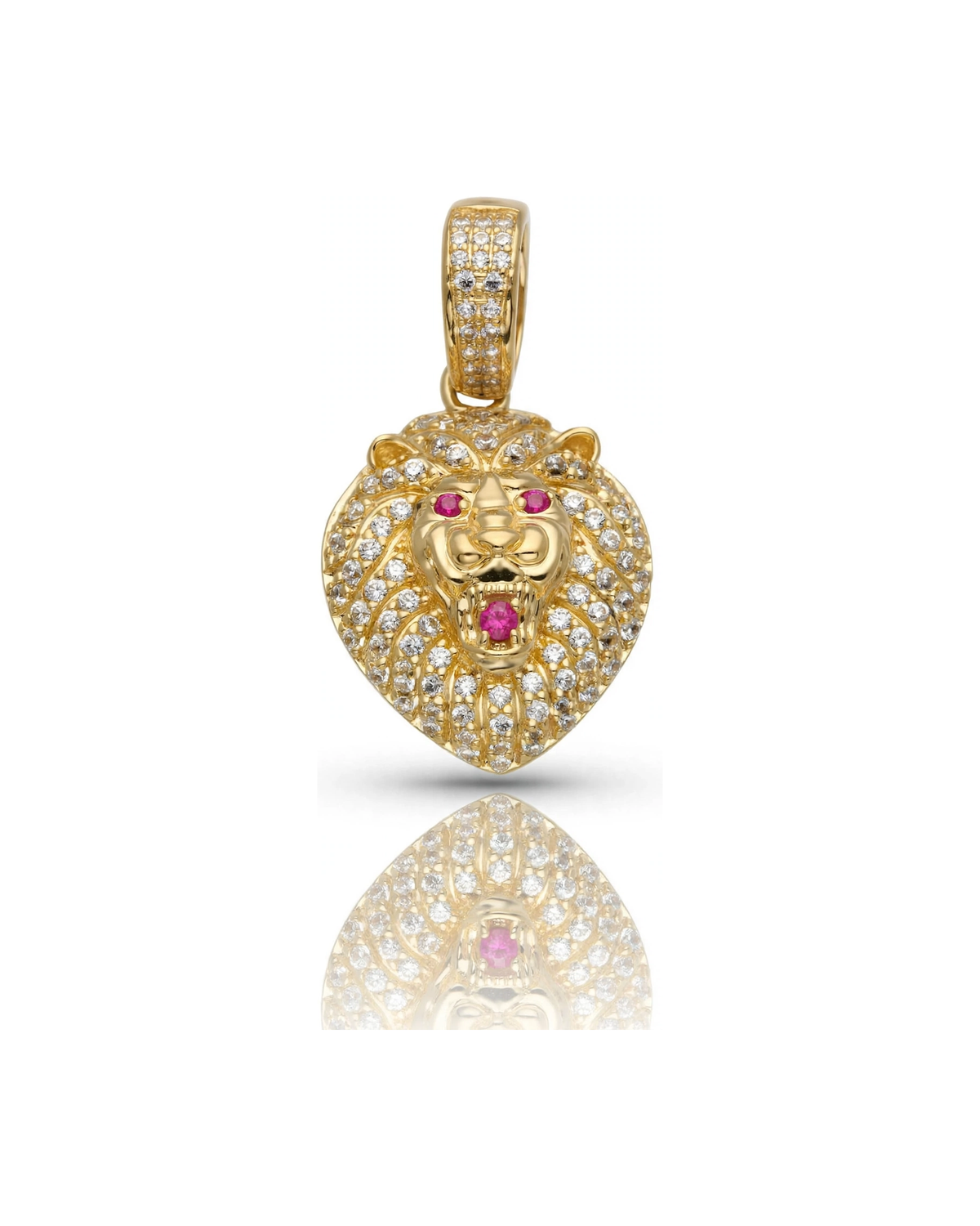 Lion Head Pendant CZ Small with Red CZ Eyes - 10K Gold