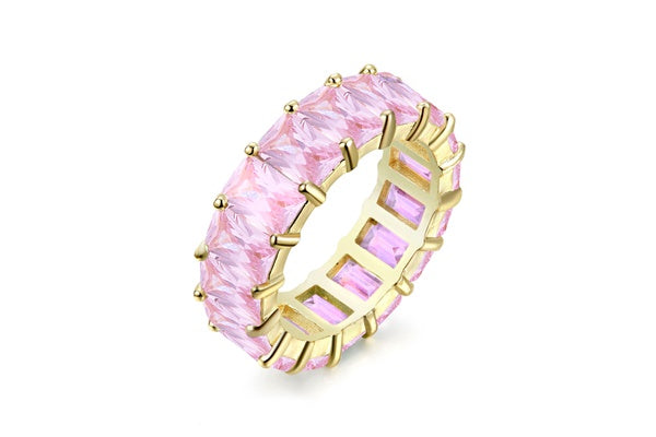 Emerald-Cut Light Pink Eternity Ring - 925 Sterling Silver - Gold Plated