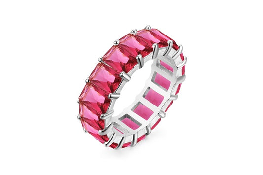 Emerald-Cut Fuchsia Eternity Ring - 925 Sterling Silver - Rhodium Plated