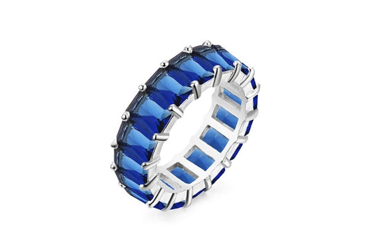 Emerald-Cut Sapphire Blue Eternity Ring - 925 Sterling Silver - Rhodium Plated