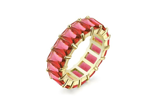 Emerald-Cut Red Eternity Ring - 925 Sterling Silver - Gold Plated