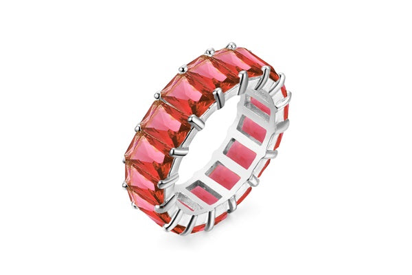 Emerald-Cut Red Eternity Ring - 925 Sterling Silver - Rhodium Plated