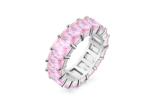 Emerald-Cut Light Pink Eternity Ring - 925 Sterling Silver - Rhodium Plated