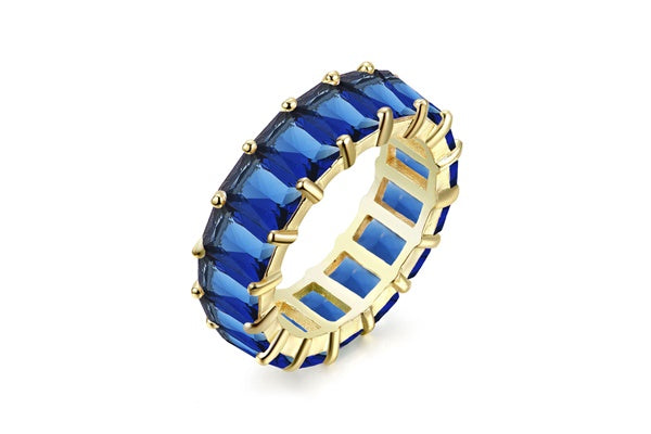Emerald-Cut Sapphire Blue Eternity Ring - 925 Sterling Silver - Gold Plated