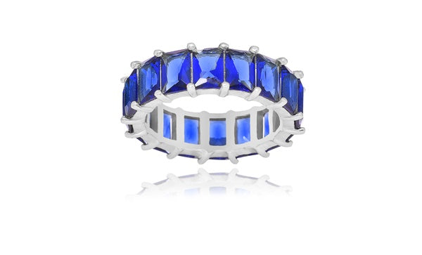 Emerald-Cut Sapphire Blue Eternity Ring - 925 Sterling Silver - Rhodium Plated