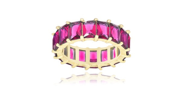 Emerald-Cut Fuchsia Eternity Ring - 925 Sterling Silver - Gold Plated