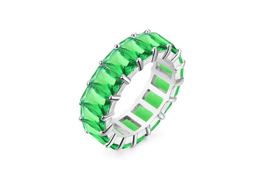 Emerald-Cut Emerald Green Eternity Ring - 925 Sterling Silver - Rhodium Plated