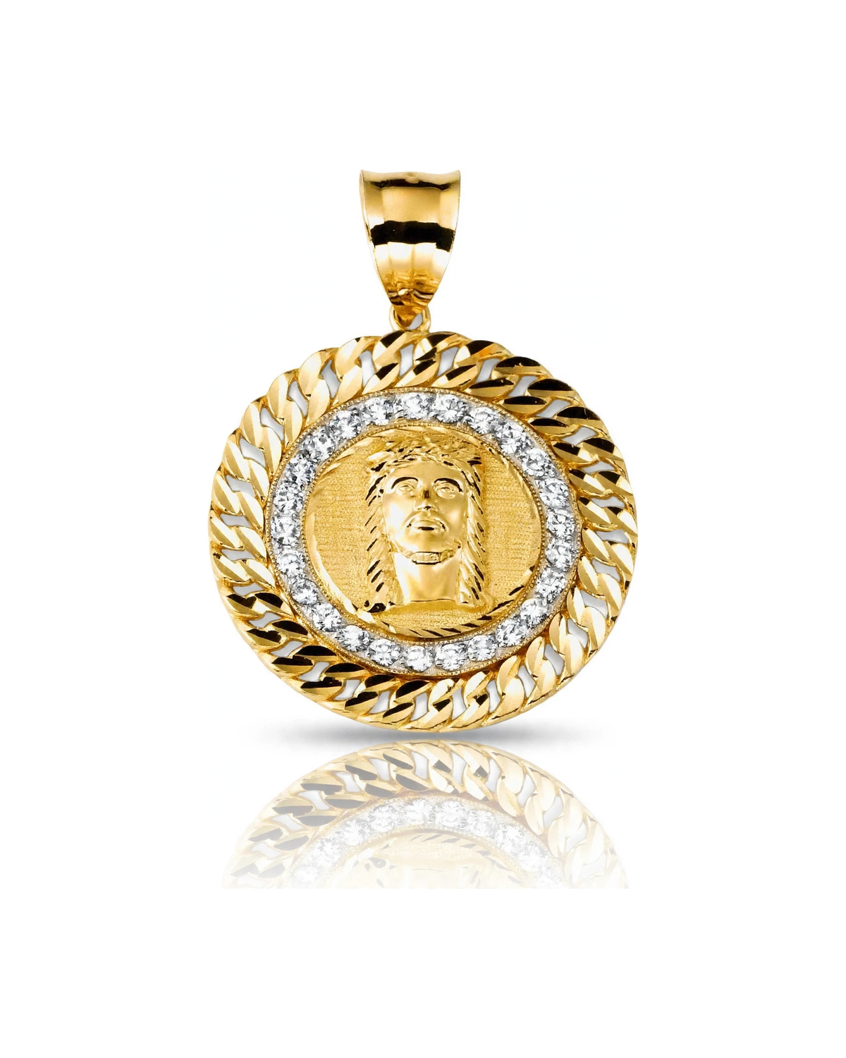Jesus Medallion Pendant with CZ Ring and Cuban Frame - 10K Gold