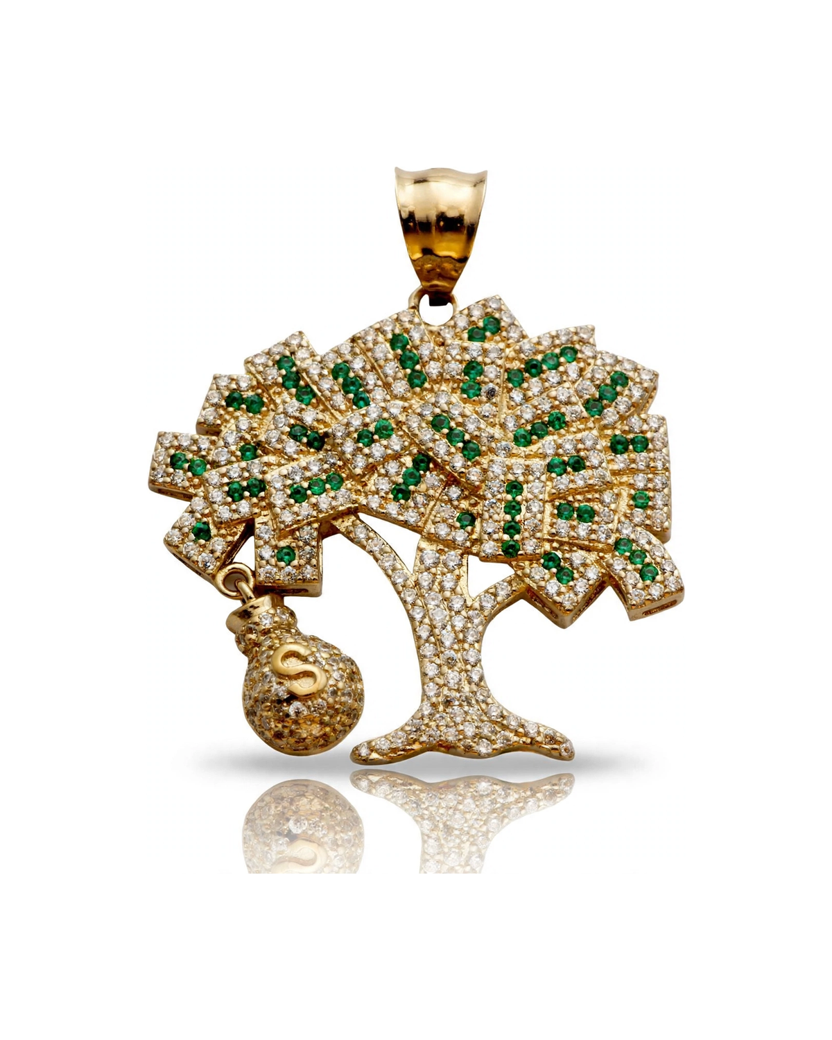 Money Tree Pendant with Green and Clear CZ - 10K Gold