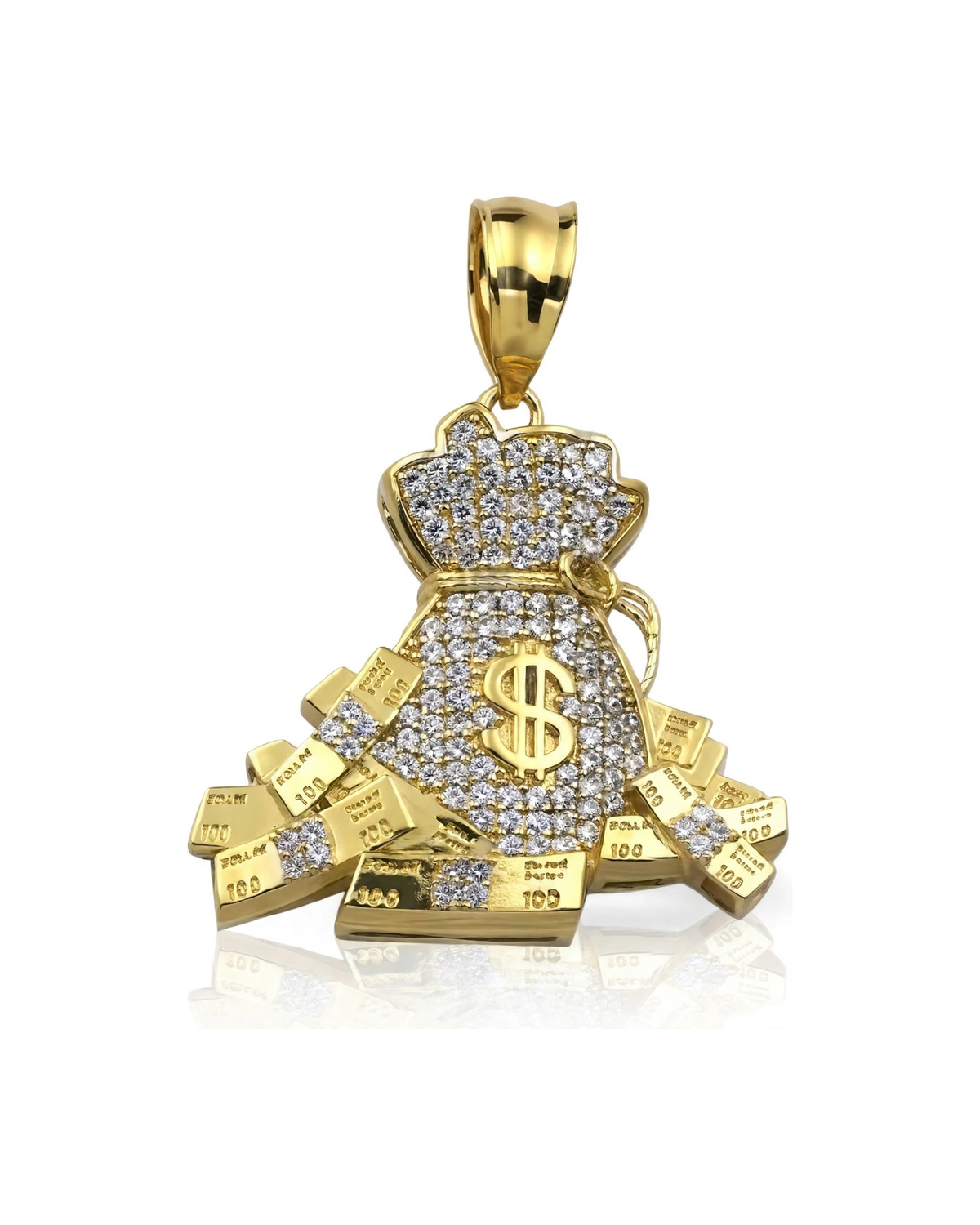 Money Bag Pendant with CZ and Bills - 10K Gold