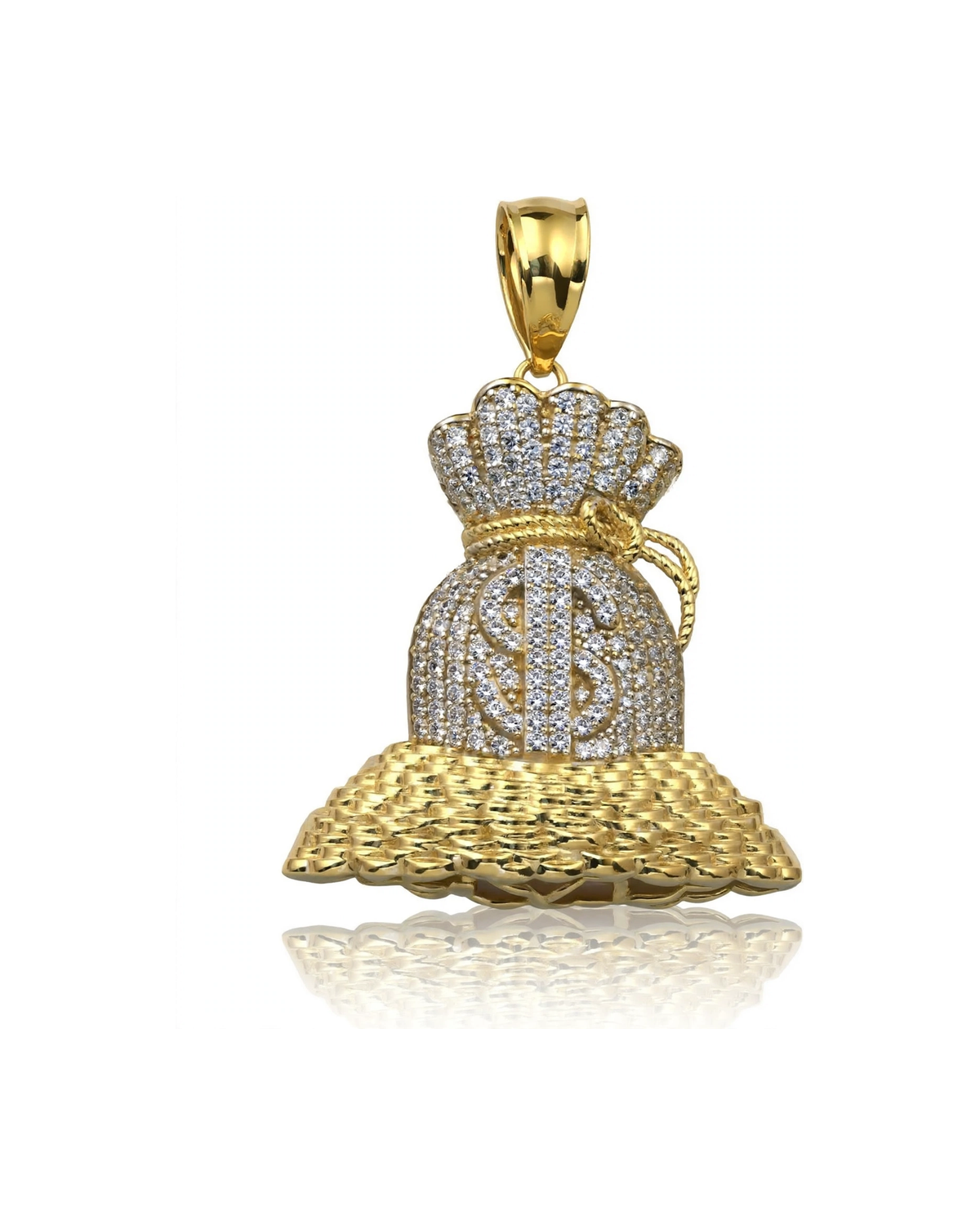 Money Bag Pendant with CZ on Coin Pile - 10K Gold
