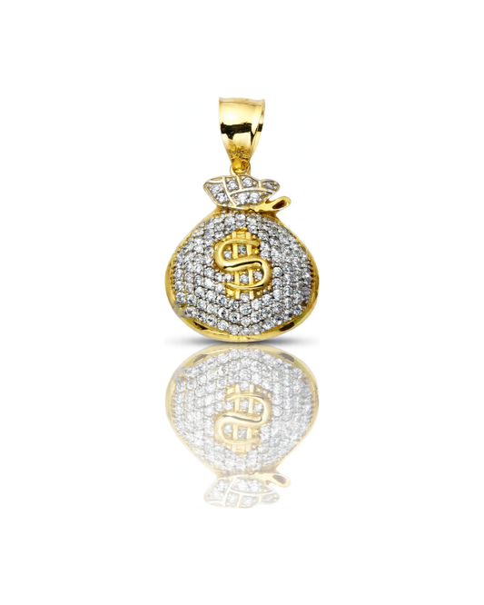 Money Bag Pendant with Gold Dollar Sign and CZ - 10K Gold