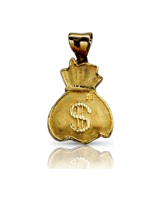 Money Bag Pendant Small Embossed Dollar - 10K Yellow Gold