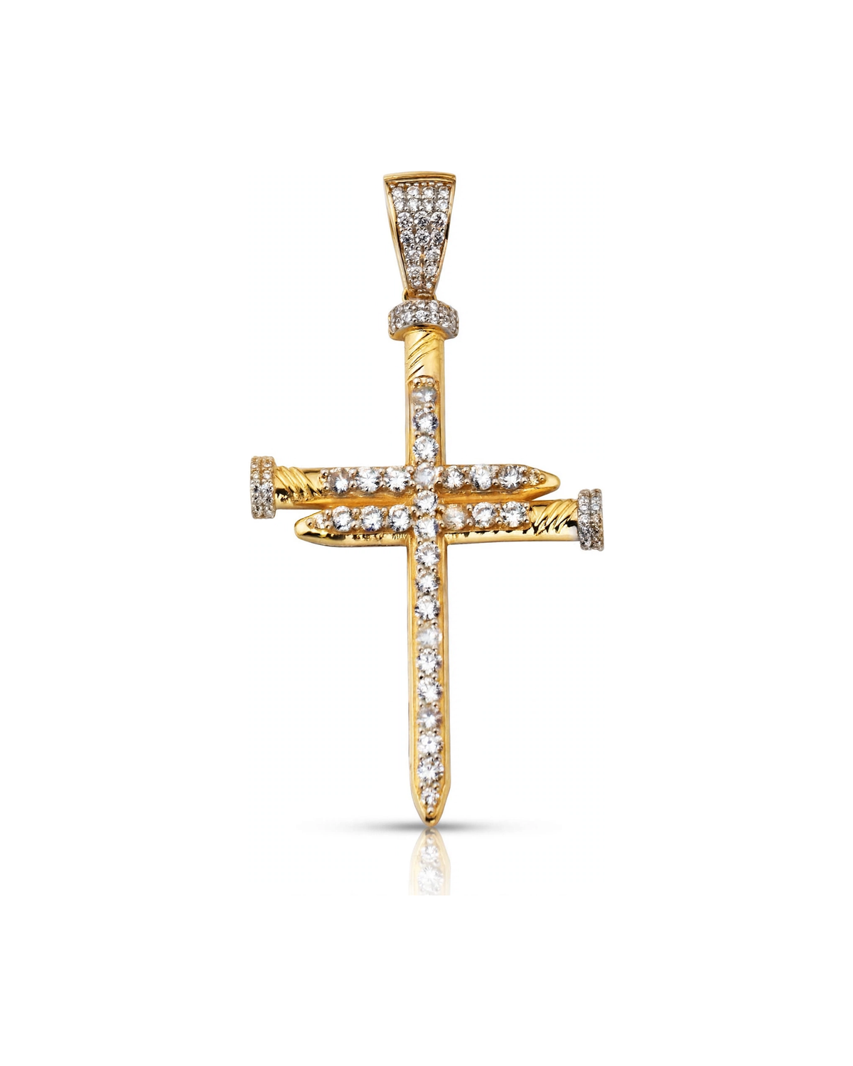 Nail Cross Pendant with CZ Center Row and CZ Bail - 10K Yellow Gold
