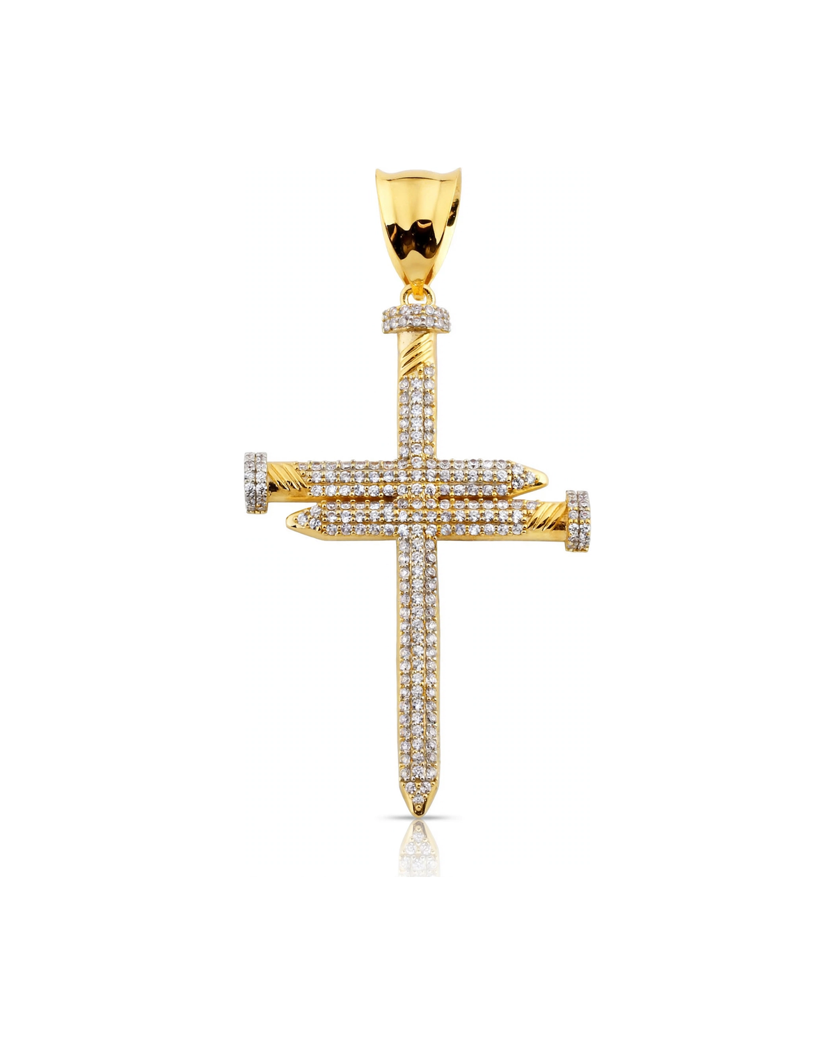 Small Nail Cross Pendant Fully Paved with Cubic Zirconia - 10K Yellow Gold