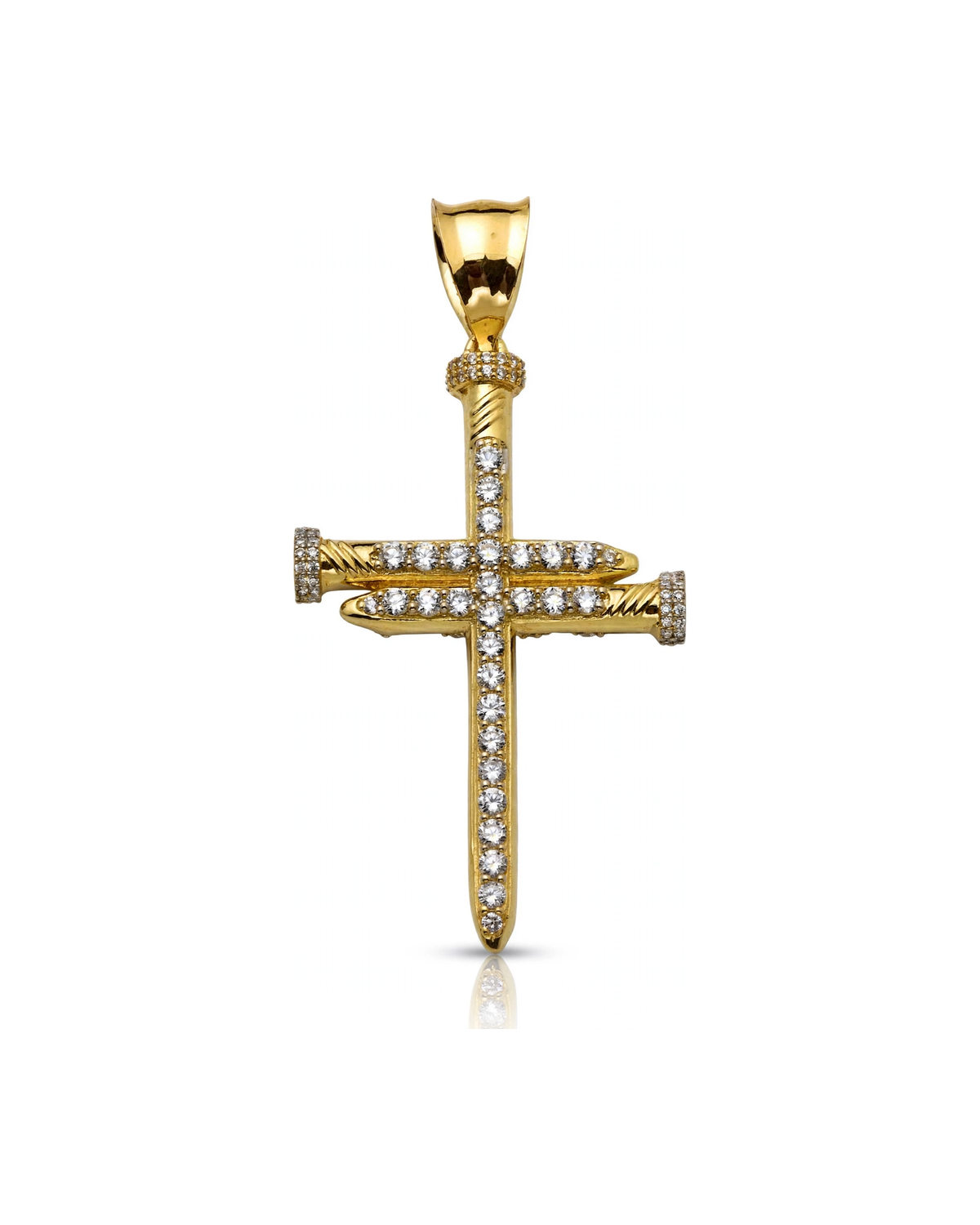Reversible Nail Cross Pendant with CZ Row and Lattice Reverse - 10K Yellow Gold