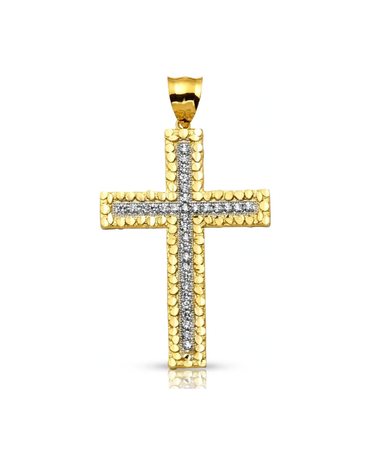 Cross Nugget Border CZ Center Pendant - 10K Yellow Gold