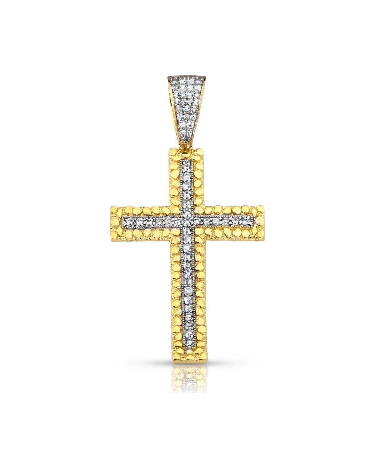 Nugget Cross Pendant with CZ Channel Center and CZ Bail - 10K Yellow Gold