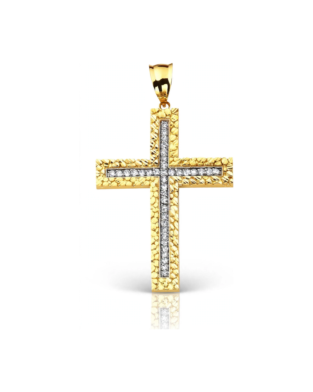 Large Nugget Cross Pendant with CZ Channel Center - 10K Yellow Gold
