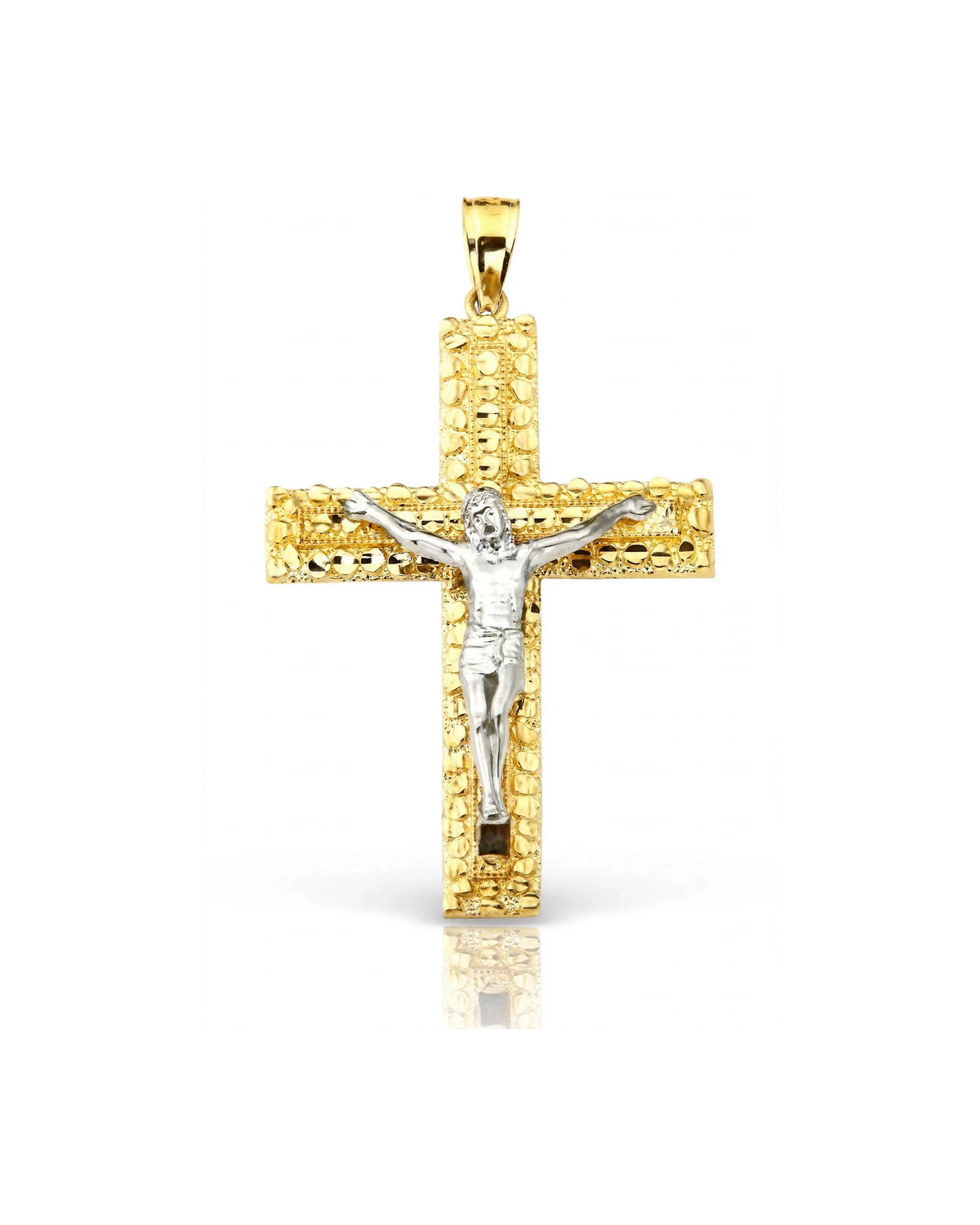 Nugget Crucifix Pendant with White Gold Corpus and Beaded Edge - 10K Gold