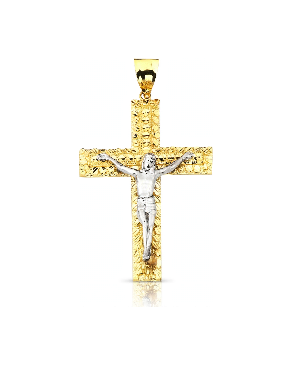 Nugget Crucifix Pendant with White Gold Corpus and Faceted Texture - 10K Gold