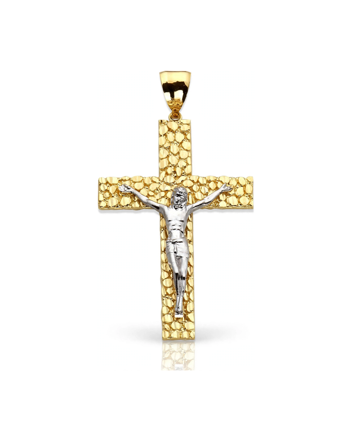 Nugget Crucifix Pendant with White Gold Corpus and Fine Pebble Texture - 10K Gold
