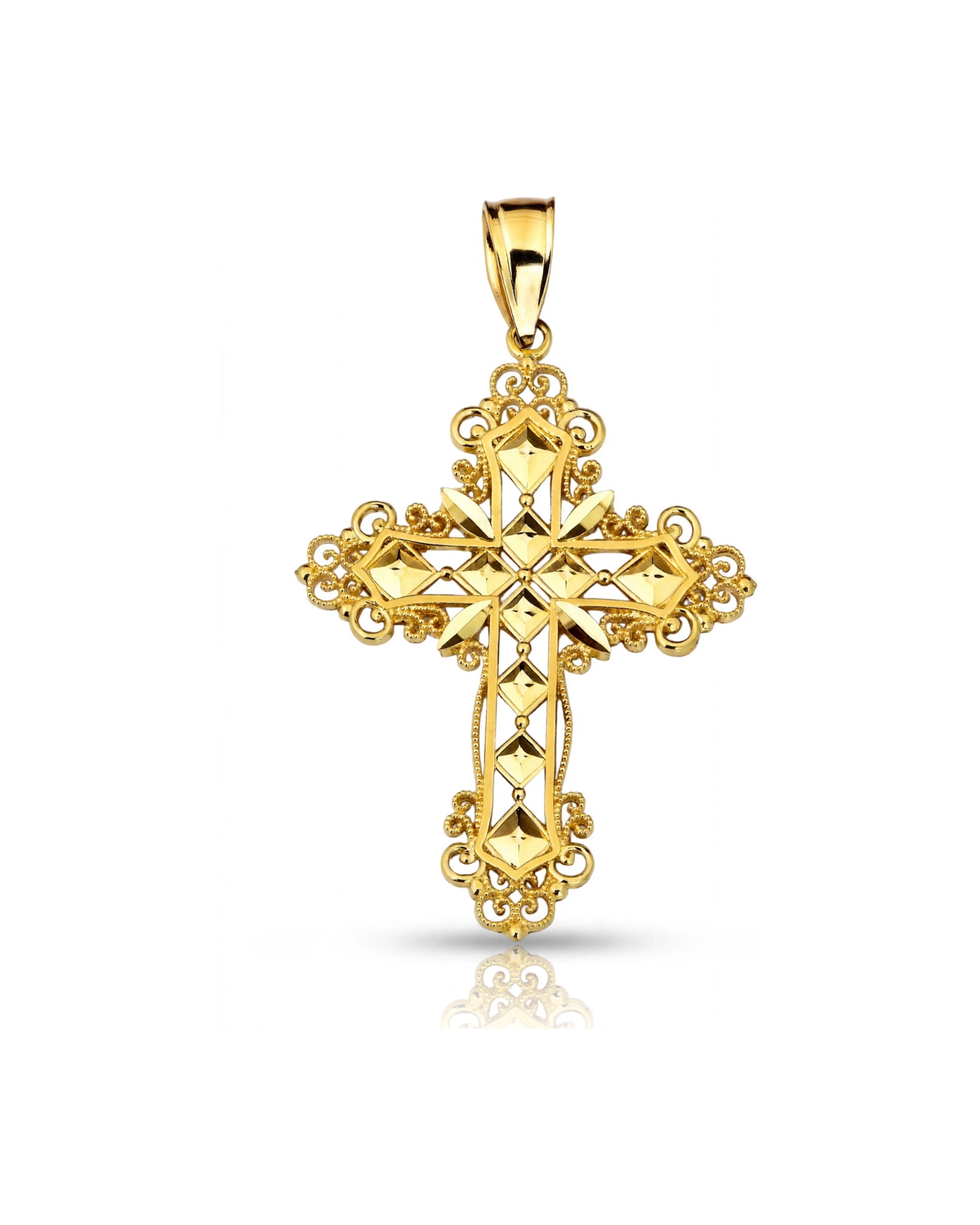 Ornate Filigree Cross Pendant with Faceted Star Center - 10K Yellow Gold