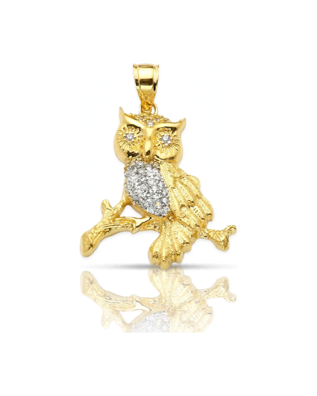 Owl Pendant on Branch with CZ Belly - 10K Gold