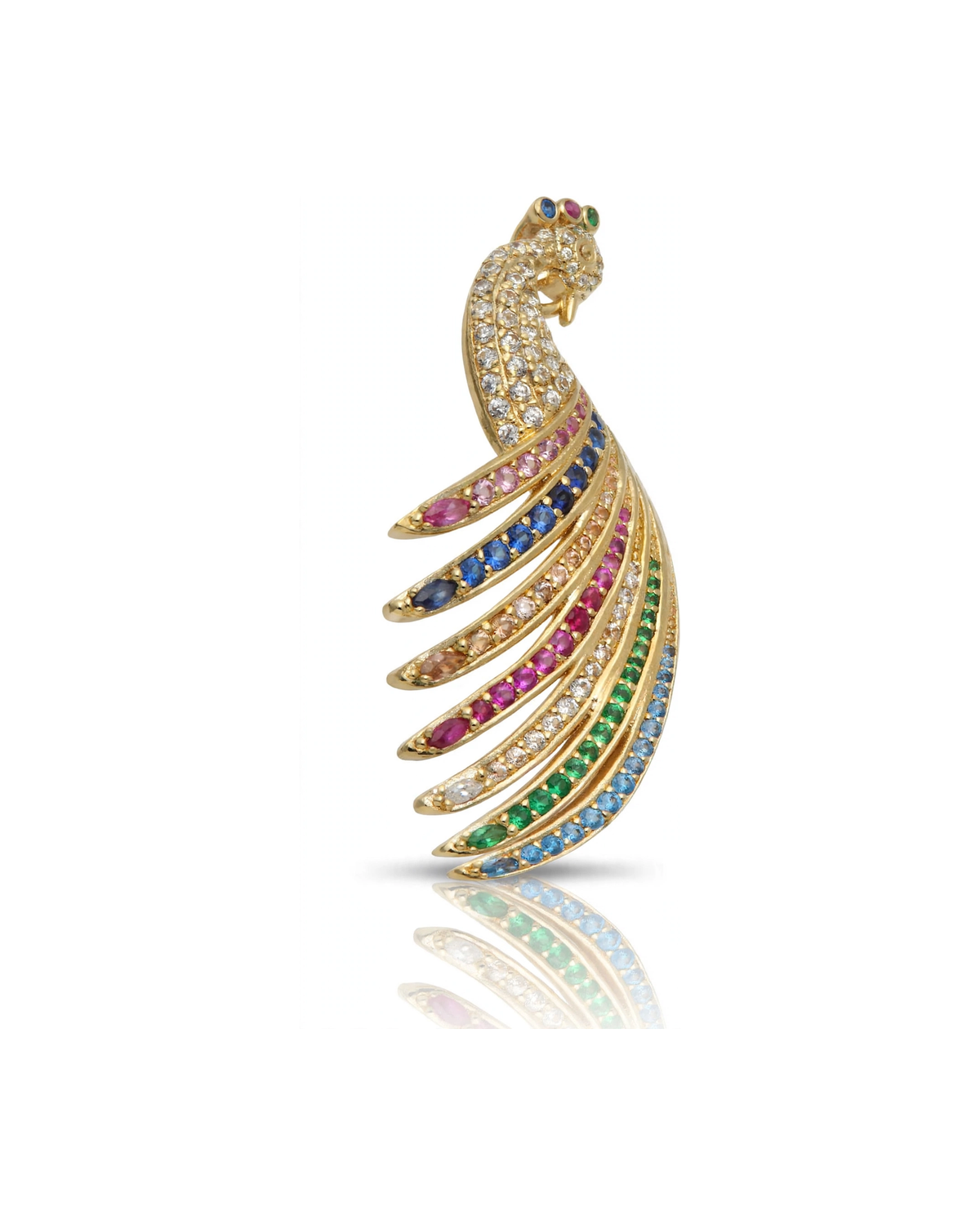 Peacock Feather Pendant with Multicolor CZ - 10K Gold