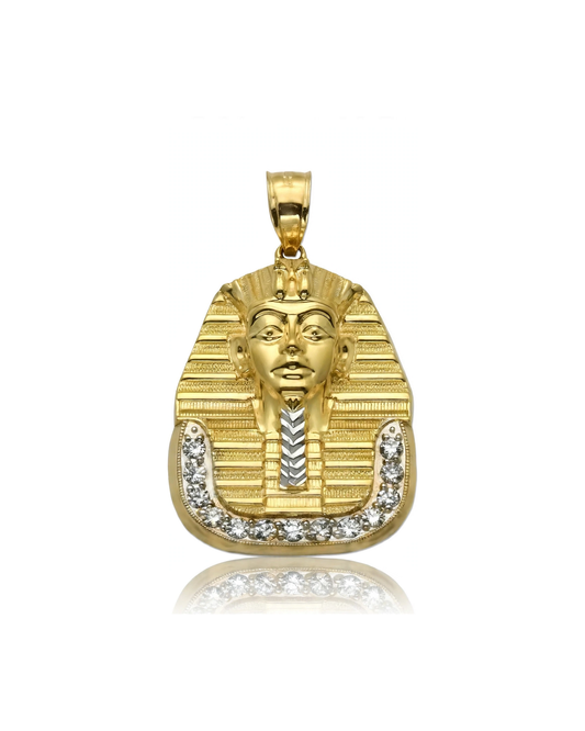 Pharaoh Pendant with Striped Headdress and CZ Arc Border - 10K Gold