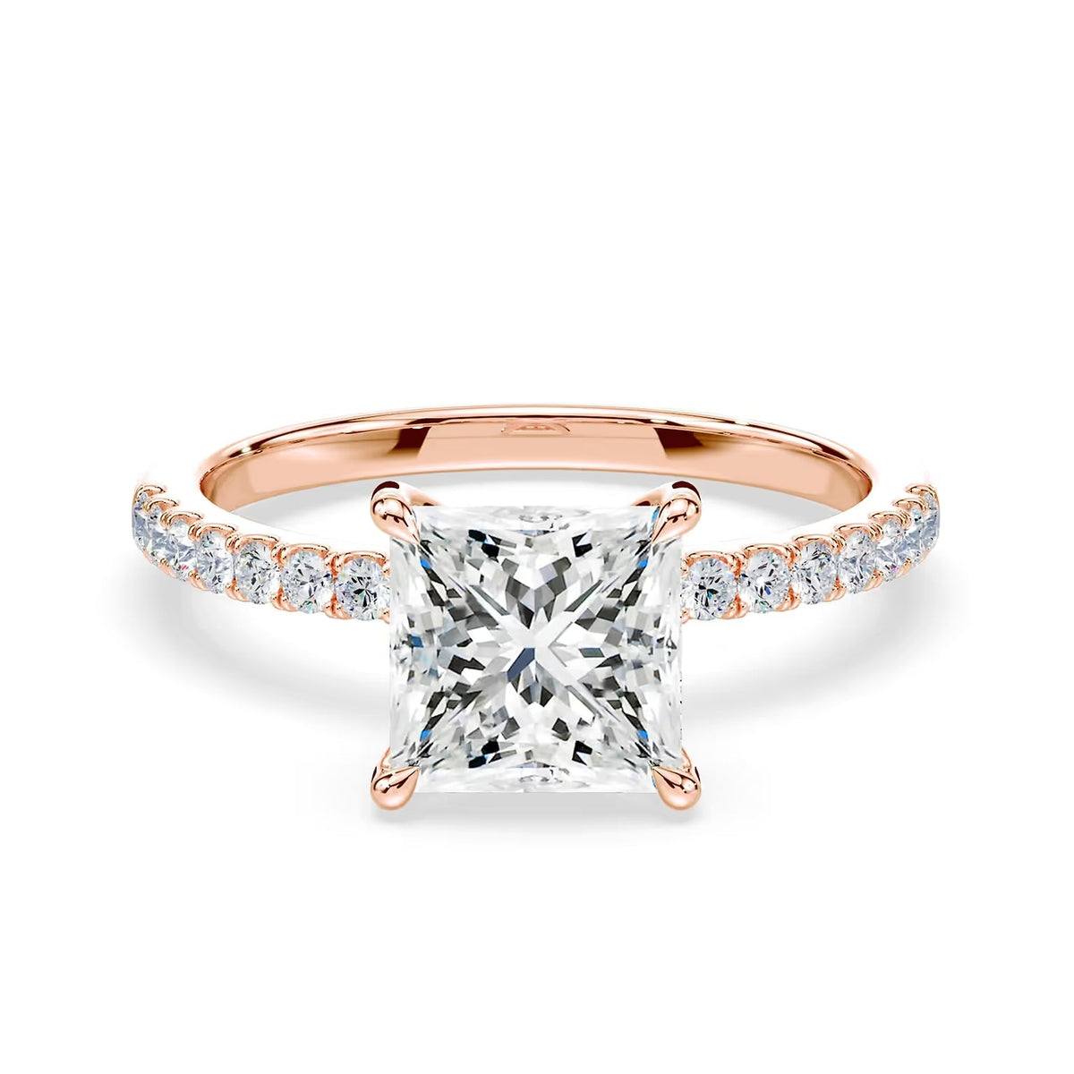 14K Princess Cut Solitaire — Hidden Halo Pave