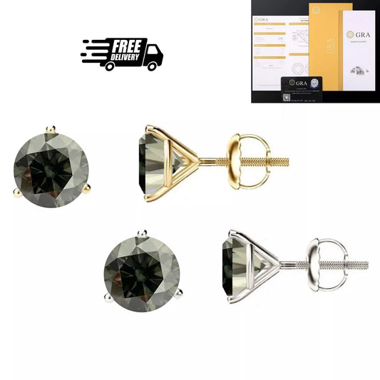 14K Gold GRA CertifiedD-VVS1 Grey Moissanite ScrewBack Stud Earrings
