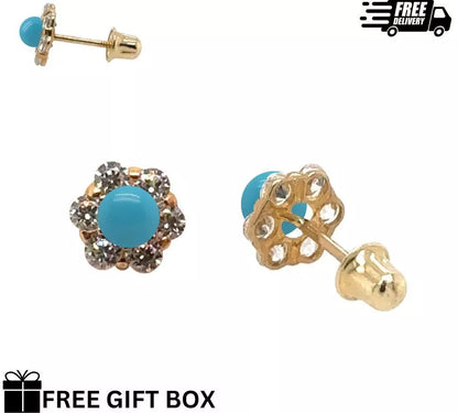 14k Yellow Gold Turquoise Stud Earrings/ Screw Back