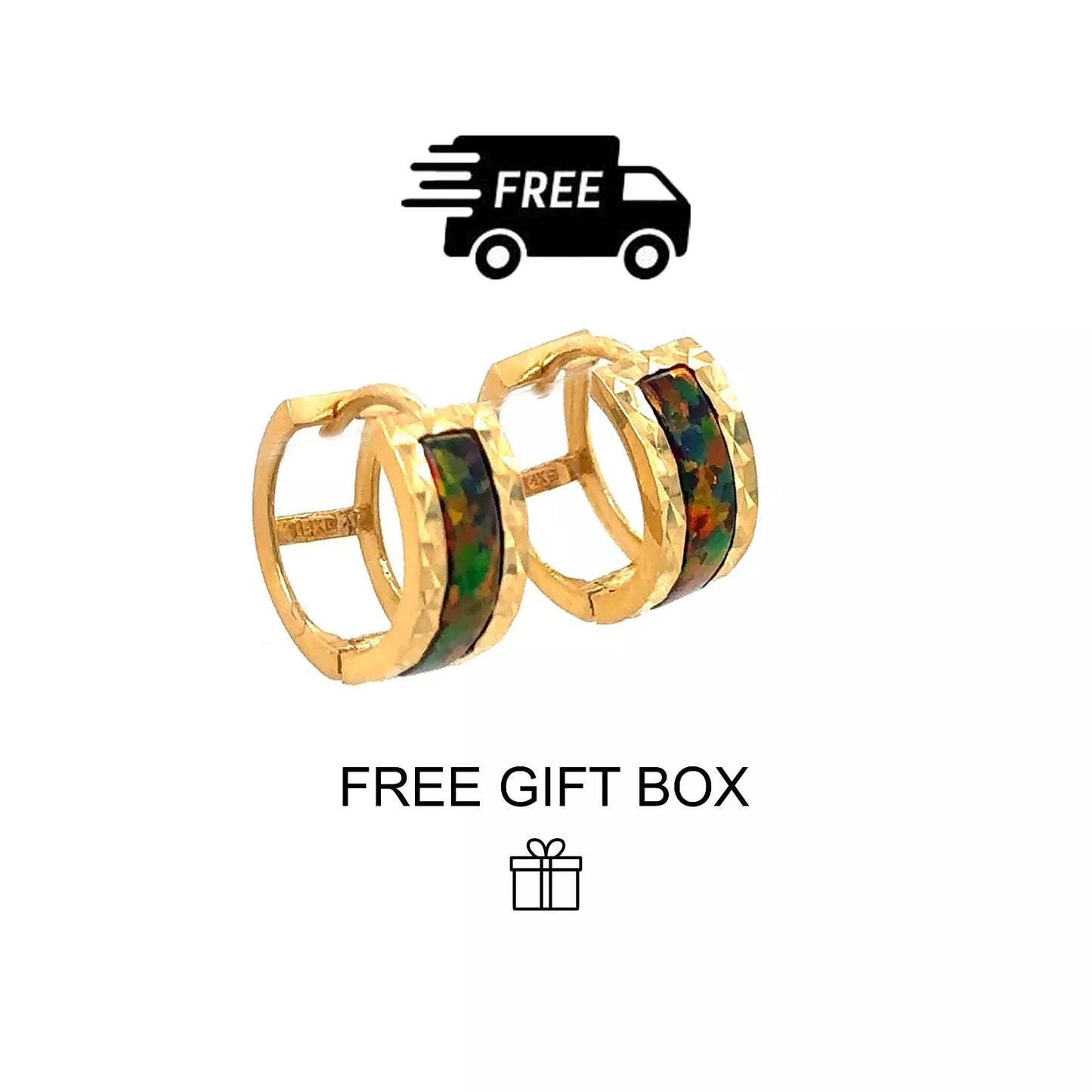 14k Yellow Gold Black Opal Huggie Hoop Earrings